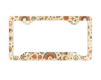 Retro Rainbow Peace Symbols Metal License Plate Frame | Boho Mushroom Stars