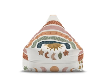 虹色の太陽、月、星が描かれたビーズクッションカバー | レトロなアーストーン