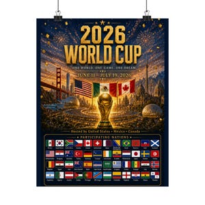 Könnte beinhalten: Ein 2026 World Cup Poster mit goldenem Text, einem zentralen Pokal und den Flaggen der USA, Mexikos und Kanadas. Der Hintergrund zeigt ein Stadtbild mit Feuerwerk. Darunter befindet sich ein Raster mit den Flaggen der teilnehmenden Nationen.