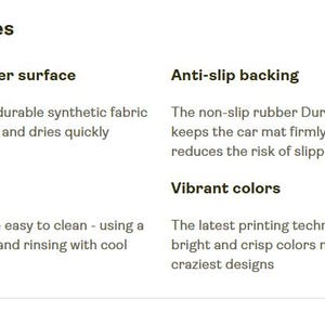 May include: A text-based graphic titled Key features listing product details for car mats. It describes a 100% polyester surface, anti-slip rubber Durgan backing, easy cleaning methods using a vacuum or cool water, and vibrant colors from printing.