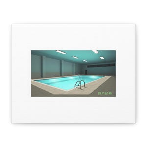 Könnte beinhalten: Leinwanddruck mit einer Indoor-Pool-Szene. Der Pool hat klares blaues Wasser und Metallleitern. Die Wände sind hellgrau und die Decke hat rechteckige Lichter. Die Zeit 03:17:22 AM wird in Grün angezeigt.