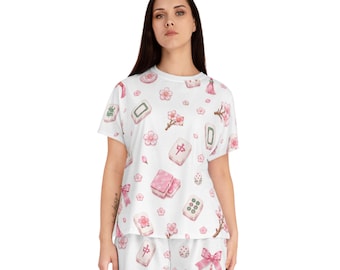 Pink Mahjong Tiles Pajama Set | Summer Short Sleeve Top and Shorts