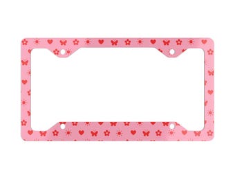 Pink Hearts and Butterflies Metal License Plate Frame | Cute Floral Pattern