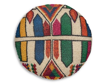 Cuscino da pavimento rotondo trapuntato con motivi geometrici marocchini colorati / Pouf boho