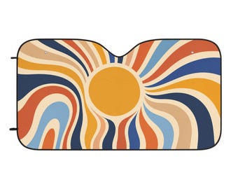 Retro Sunburst Car Sun Shade | Boho Waves Windshield Cover