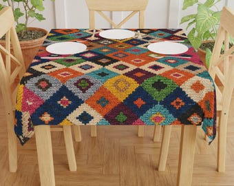 Colorful Ikat Diamond Pattern Tablecloth | Boho Kitchen Dining Decor