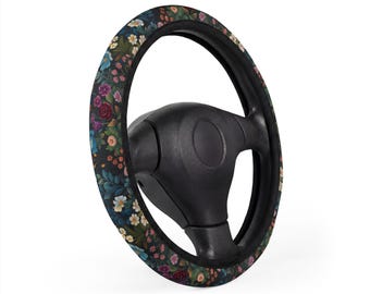 Vintage Floral Pattern Car Steering Wheel Cover | Dark Botanical Blooms