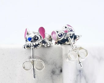 S925 pure silver Disney Stitch and Angel adorable Pandora jewelry earrings, presented as a gift