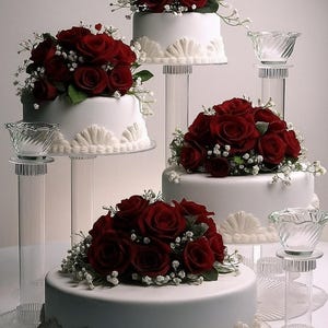 May include: A tiered white cake display with red roses and baby's breath. The cakes are on clear pedestals and glass stands. The cakes have decorative white frosting details. The display includes small glass bowls.