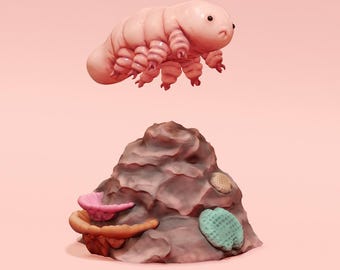 May include: A pink tardigrade, also known as a water bear, is floating above a brown rock with pink, brown, and green accents.