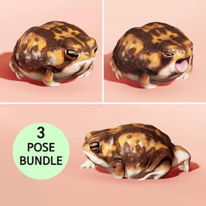 May include: Three different poses of a brown and yellow frog with black spots. The frog is sitting on a pink background. The text "3 POSE BUNDLE" is on a green circle.