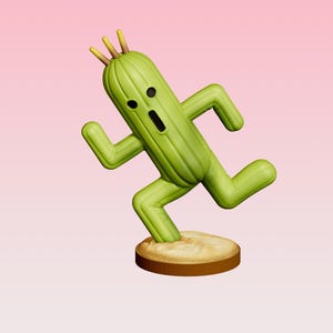 May include: A green cactus figurine with yellow accents on its head, posed in a running stance. The figurine has a surprised expression and is mounted on a round, tan base with a brown border. The background is a gradient of pink.