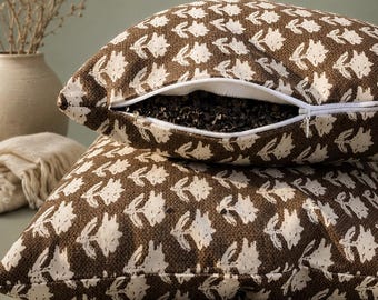 Handmade Buckwheat Pillow: Opal Brown Floral Cotton Cover
