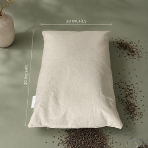 May include: A rectangular beige pillow with a visible fabric texture. The image includes the text SIZE GUIDE, 20 INCHES, and 30 INCHES, indicating the dimensions of the pillow. Small dark grains are scattered around the pillow on the surface.