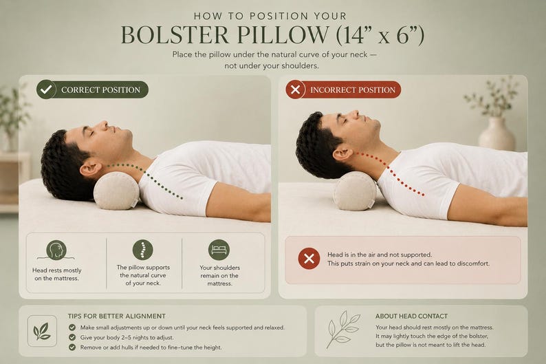 May include: An instructional image showing correct and incorrect bolster pillow positioning. The pillow, measuring 35.5 cm x 15.2 cm, supports the neck's natural curve. The image includes tips for better alignment and head contact for comfort.