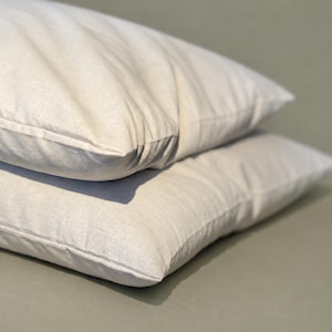 May include: Two rectangular pillows stacked on top of each other, featuring a plain, off-white, textured fabric cover with visible stitching along the edges. The pillows appear soft and filled, with a simple, clean design and a neutral color tone.