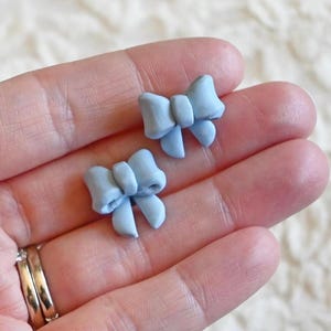 Blue Bow Stud Earrings: Polymer Clay, Stainless Steel Posts