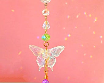 Handmade Pastel Butterfly Beaded Suncatcher: Fairycore Beaded Window Decor