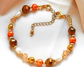 Autumn Pearl Bracelet, Orange & Gold Beaded Fall Jewelry