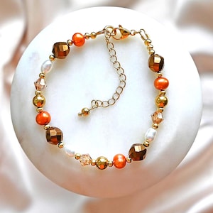 Autumn Pearl Beaded Bracelet: Orange & Gold Fall Thanksgiving Jewelry