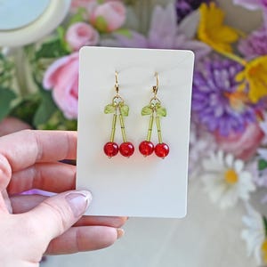 Beaded Cherry Dangle Earrings: Red Glass Fruit Jewelry