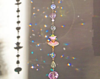 Floral Beaded Suncatcher, Pink & Green Crystal Prism, Fairycore Window Decor