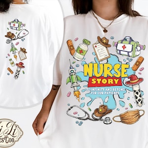 Retro sjuksköterskeberättelse PNG, tvåsidig filmsjuksköterskedesign, till oändligheten och bortom pediatrisk sjuksköterskagrafik, rolig medicinsk skjorta PNG, omedelbar fil