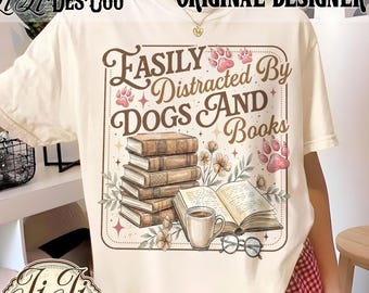 Leicht abgelenkt von Hunden und Büchern png, lustiges Hundehemd, Buch-Liebhaber-Geschenk, Hunde-Liebhaber-Shirt, Geschenk für Buch- und Hundeliebhaber, Muttertagsgeschenk