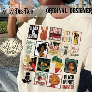 May include: White t-shirt with various graphic stamps featuring phrases like "Black is Beautiful," "Black Power," and "Study Black History." The shirt also includes images of a raised fist, a peace sign, and a map of Africa.