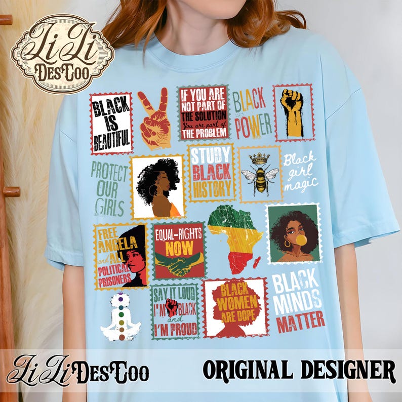 May include: A light blue t-shirt featuring a collage of rectangular graphic prints. The designs include text such as Black Is Beautiful, Black Power, Study Black History, Equal Rights Now, and Black Minds Matter, alongside illustrations of a raised fist, a bee, the continent of Africa, and silhouettes of people.