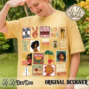 May include: A pale yellow t-shirt featuring a grid of rectangular stamps with various illustrations and text including Black is Beautiful, Black Power, Study Black History, Black Girl Magic, Equal Rights Now, and Black Minds Matter.