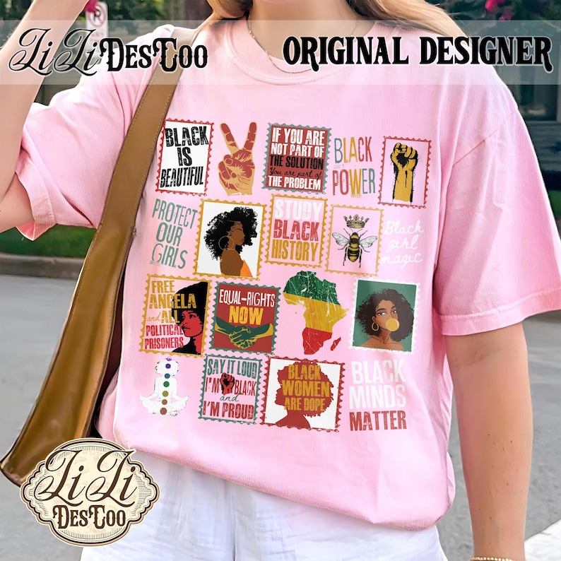 May include: A light pink t-shirt featuring a grid of postage stamp-style graphics with various slogans and illustrations, including text like Black Is Beautiful, Black Power, Study Black History, Equal Rights Now, and Black Women Are Dope.