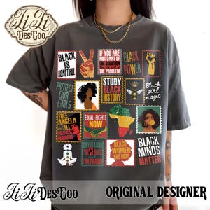 May include: A charcoal gray short-sleeve t-shirt featuring a collage of rectangular graphic prints. The designs include text such as Black Is Beautiful, Black Power, Study Black History, Black Girl Magic, Equal Rights Now, and Black Minds Matter.