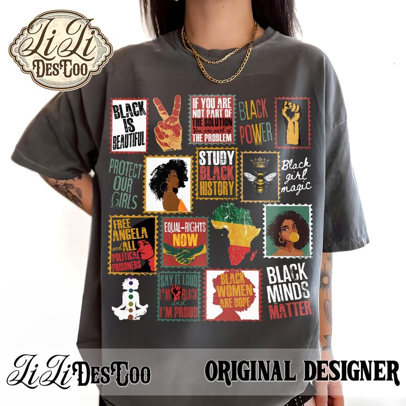 May include: A charcoal gray short-sleeve t-shirt featuring a collage of rectangular graphic prints. The designs include text such as Black Is Beautiful, Black Power, Study Black History, Black Girl Magic, Equal Rights Now, and Black Minds Matter.