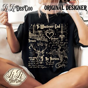 May include: Black t-shirt with a detailed graphic design featuring a castle, deer, dragon, sword, and text that reads "To Whatever End" and "The Thirteen". The design is in a vintage style with a distressed look.