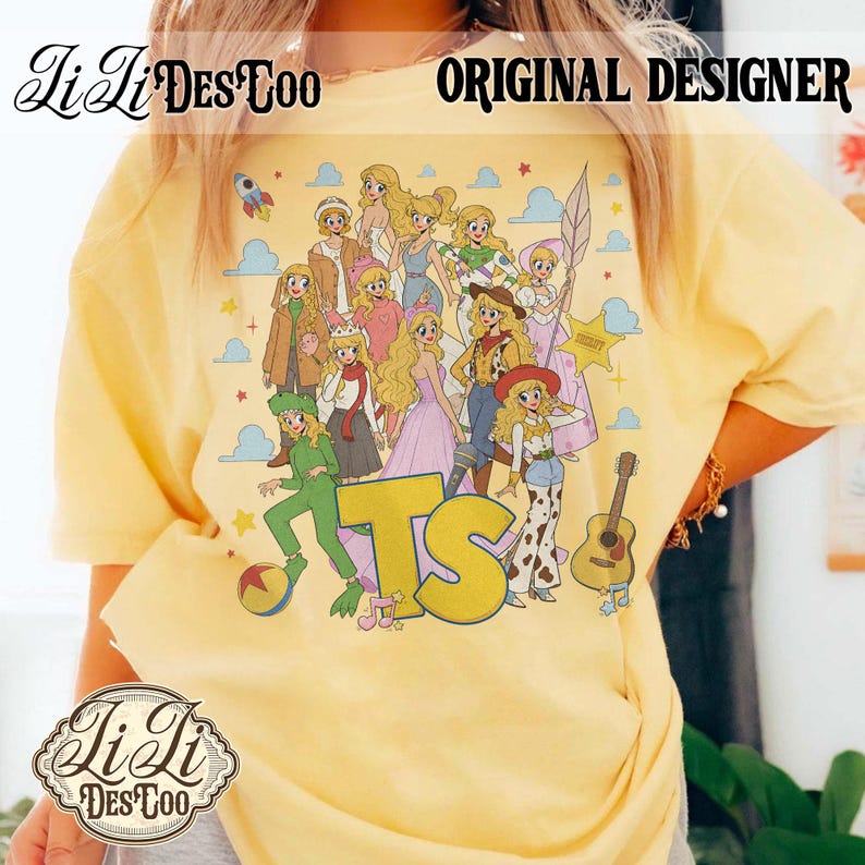 May include: A pale yellow t-shirt featuring a graphic print of multiple blonde characters in an anime style, including various outfits and accessories like a guitar, a sheriff badge, and a rocket. The large yellow letters TS are centered below.