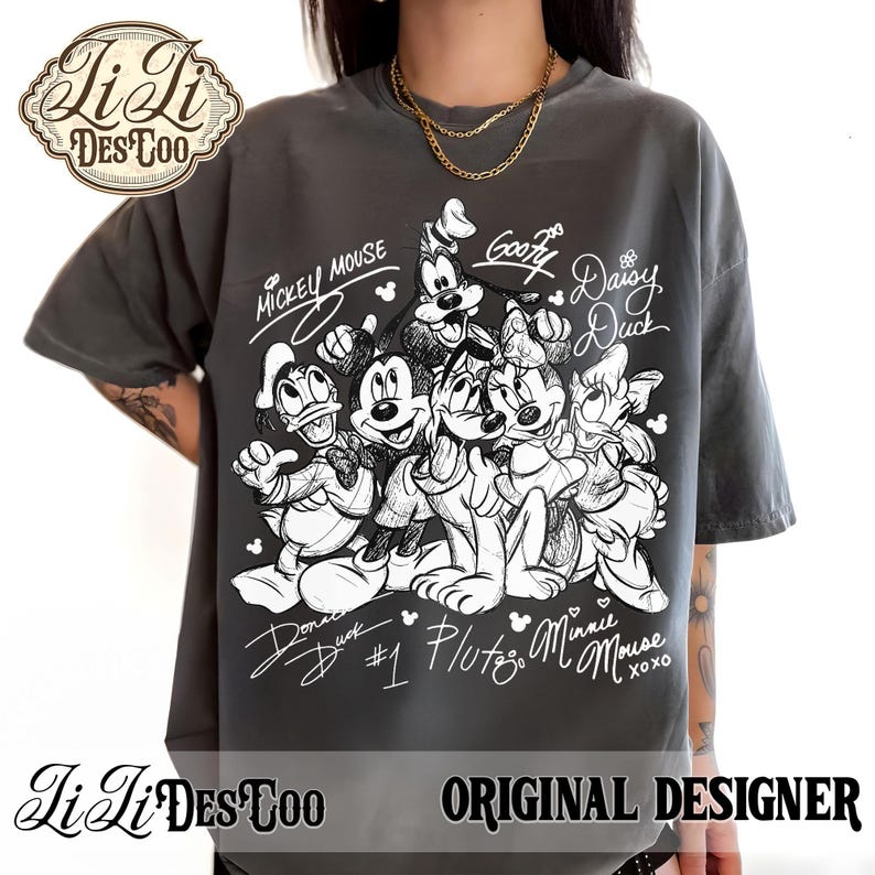 Vintage y2K Mickey and Friends Signatures PNG, Disney Sketch Shirt PNG, Disneyland Friend Trip 2026, Disneyland Characters Magical