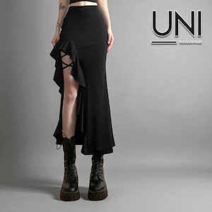 Women’s Gothic Maxi Skirt | High Slit Lace-Up Skirt | Grunge Alternative Streetwear | Black Ruffle Hem Party Skirt | Gift for Her