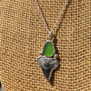 Shark tooth & sea glass pendant and chain