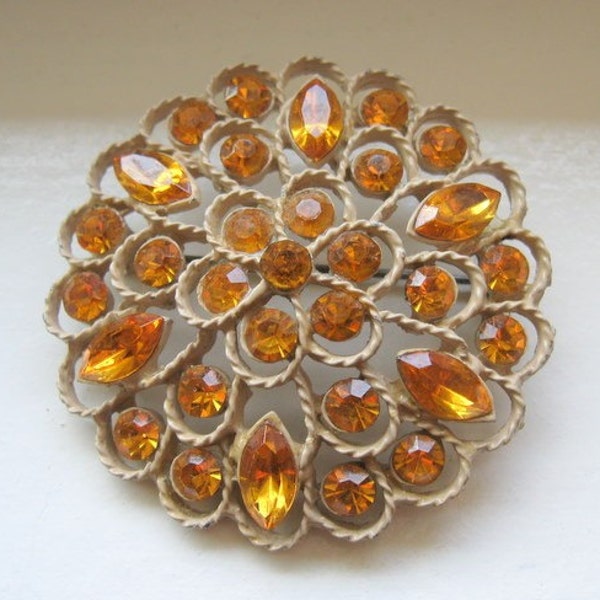 Vintage Flower Amber Rhinestone Brooch Pin - FREE SHIPPING