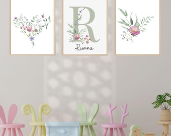 Decorazioni murali floreali per la cameretta dei bambini: stampa personalizzata con nome di fiori di campo (set di 3 download digitali)