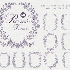 Paquete de archivos SVG de marcos de rosas vintage, corona floral dibujada a mano en formato PNG, imágenes prediseñadas para bordes de boda, separador de texto botánico, conjunto de adornos de esquina de arte lineal.