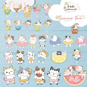 Puede incluir: Ilustraciones de gatos de dibujos animados con temática de verano. Los gatos se representan con flotadores, helados y bebidas. La imagen incluye el texto "Hello Summer" y "Summer Time" sobre un fondo azul con vetas de madera.