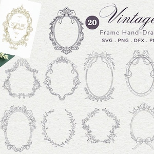 Könnte beinhalten: Eine Sammlung von 20 handgezeichneten digitalen Rahmenillustrationen in schwarzer Strichzeichnung. Das Set enthält verschiedene ovale und verzierte Formen mit Schleifen, Blumenkränzen und Verzierungen, mit dem Text 20 Vintage Frame Hand-Drawn SVG PNG DFX PDF.