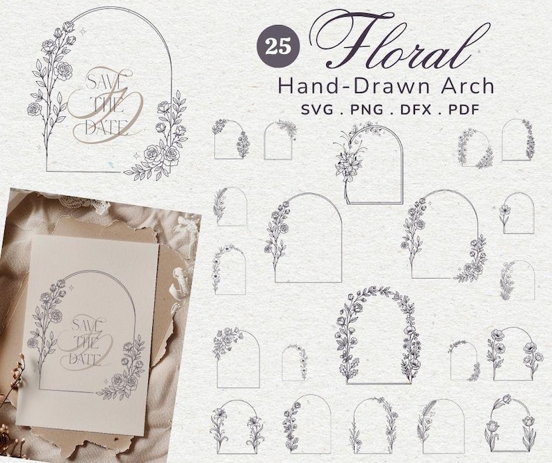 Dxf Roses Arch Floral Hand-drawn Arch SVG Bundle, Botanical Wedding Frame Clipart (svg ...