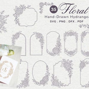 May include: A digital collection of 35 hand-drawn hydrangea floral frames and borders in black line art. The set includes various rectangular, oval, and arched shapes decorated with hydrangea blossoms, leaves, and vines, plus a sample card.