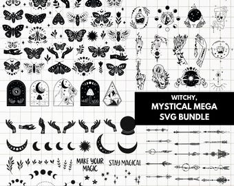 Puede incluir: Un paquete de diseños digitales en blanco y negro con elementos místicos y de brujería. El paquete incluye ilustraciones de lunas, estrellas, mariposas, manos, flechas y más. El texto "Witchy, Mystical Mega SVG Bundle" está incluido en el diseño.