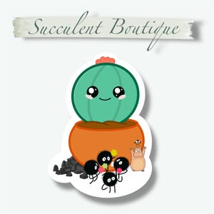 May include: A sticker featuring a cartoon cactus in an orange pot with a smiling face. The cactus is teal with a small red flower. Small black creatures and a hamster-like character are also present. The text "Succulent Boutique" is at the top.