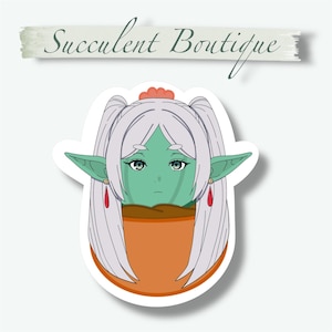 May include: A sticker featuring a cartoon character with green skin, long white hair, and pointed ears. The character is in an orange pot, with the text "Succulent Boutique" above.
