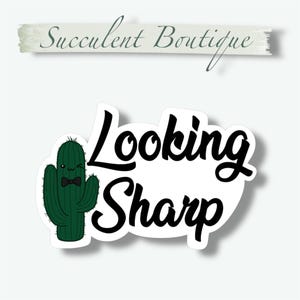May include: A sticker with a green cactus wearing a black bow tie, winking, and the words "Looking Sharp" in black script. The sticker has a white background. The words "Succulent Boutique" are above the sticker.